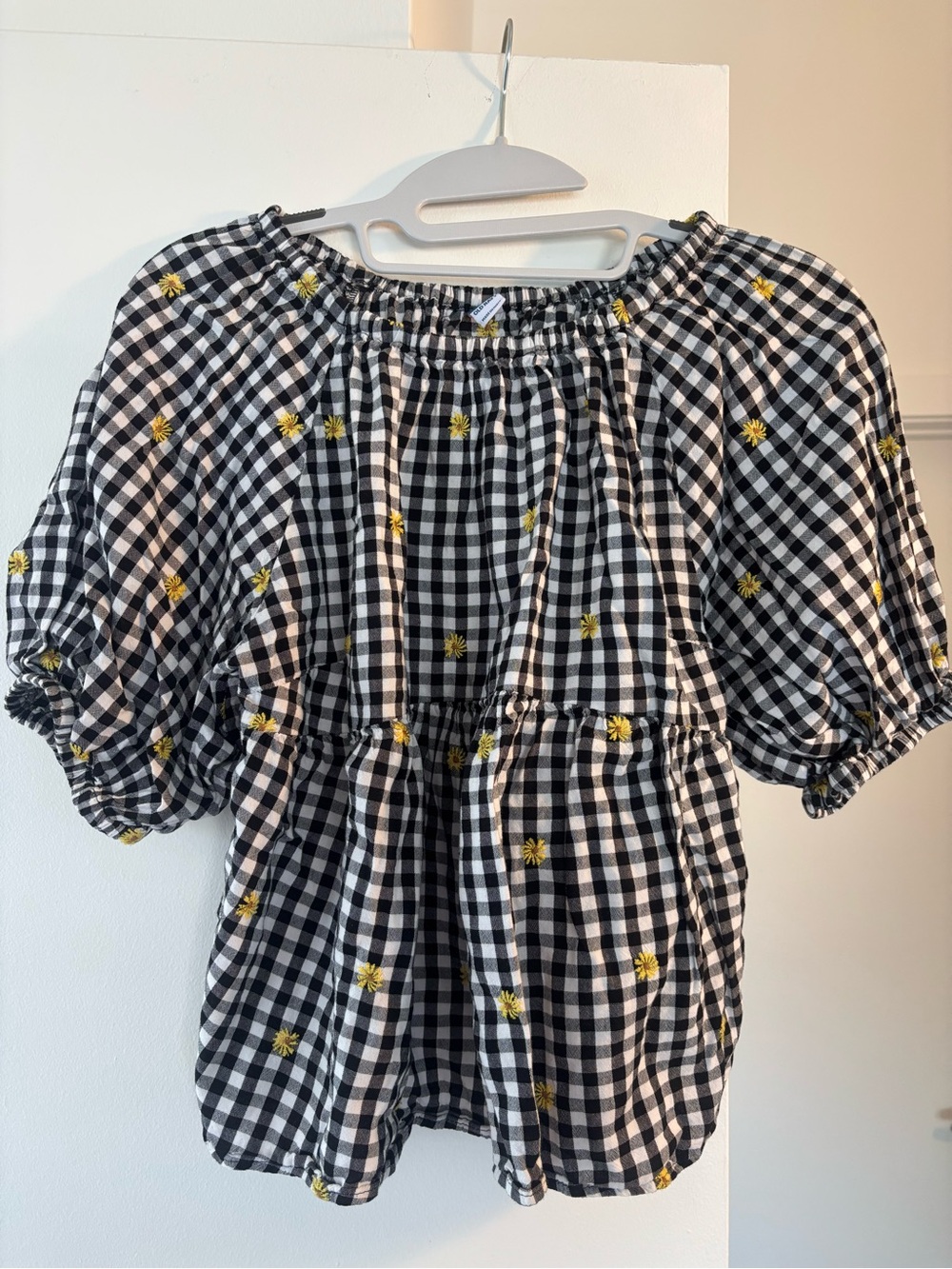 Black & White Gingham Puff Sleeve Top with Yellow Embroidery